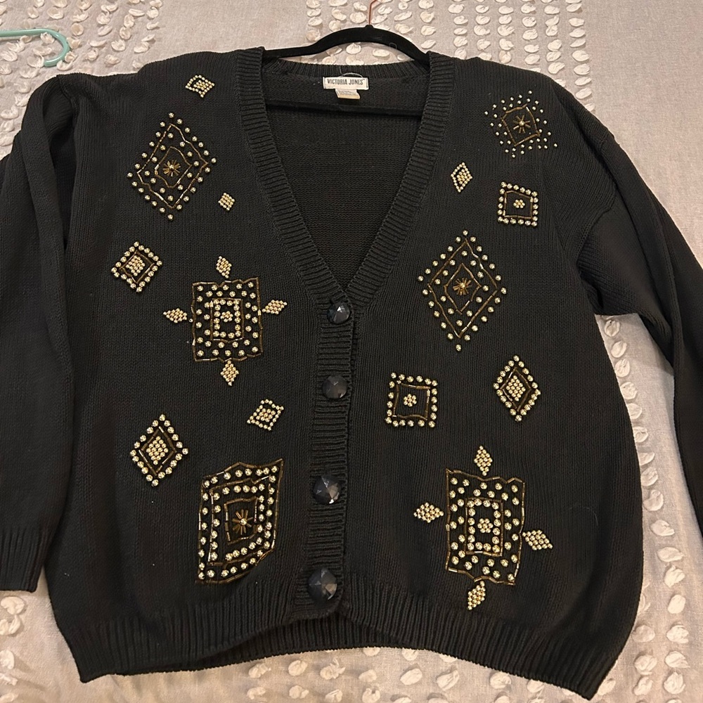 Vintage Victoria Jones Woman Black Cardigan with Gold Accents